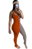 オレンジのセクシーなファッションソリッドパッチワークノースリーブスリップジャンプスーツ
