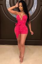 Pink Fashion Casual Asymmetrical Pearl Solid bandage Sleeveless Wrapped Rompers