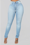 Blue Denim Button Fly Sleeveless Mid Patchwork Solid pencil Pants Pants