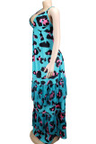 Cyaan Boheemse mouwloze spaghetti-jurk met v-hals, vloerlengte print, rugloze zomer