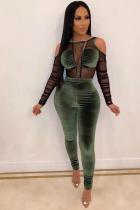 Green Fashion Casual perspective Mesh Patchwork Polyester Long Sleeve O Neck  Jumpsuits