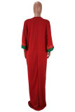 Moda vermelha sexy boné manga 3/4 comprimento mangas o pescoço reto até o chão vestidos casuais assimétricos