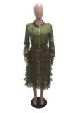 Army Green Mandarin Collar Zippered Solid Mesh Patchwork Draped Pure Long Sleeve Blazer & Suits &Jac