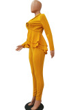 Yellow Casual Two Piece Suits Patchwork ruffle Solid pencil Long Sleeve