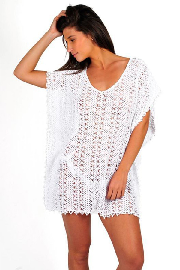 White Hooded Out Solid Patchwork Fashion adult Sexy Cover-Ups & Beach Dresses
