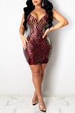 Wine Red Fashion Sexy Patchwork Sequins Backless V Neck Sling Dress