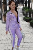 Фиолетовый повседневный модный однотонный костюм из двух предметов для взрослых в стиле пэчворк с горячим тиснением и длинным рукавом