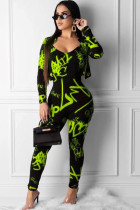 Fluoreszierender grüner, lässiger zweiteiliger Anzug, bedruckt, gerade, langärmlig