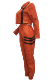 Orange Casual Two Piece Suits Solid Patchwork pencil Long Sleeve Two-piece Pants Set