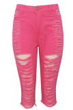 Pantalones cortos capri denim con botones y bragueta sin mangas con agujero alto y patchwork liso rosa