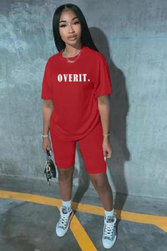 Red Fashion adult Active Letter Print Two Piece Suits Patchwork Straight Short Sleeve Two-Pie