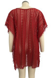 Red Hooded Out Solid Patchwork Fashion adult Sexy Cover-Ups & Beach Dresses