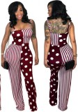 Red Jujube Backless Patchwork Mode sexy Overalls & Strampler