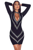 Negro Sexy manga larga con cuello en V falda de la cadera falda patchwork diamantes Club vestidos