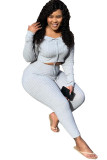 Grey Sexy ruffle Two Piece Suits Solid pencil Long Sleeve Two-piece Pants Set