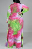 Vestido multicolorido moda casual estampa tie-dye decote em V manga longa plus size