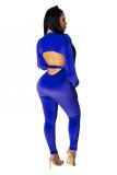 Blauwe sexy mode effen rugloze bandage holle jumpsuits met lange mouwen en V-hals