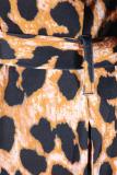 Leopardtryck Mode vuxen Sexig Kepsärm Halva ärmar Turndown-krage Step Kjol Ankellångt tryck L