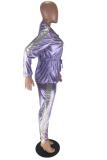 パープル大人カジュアルファッションソリッドホットスタンピングパッチワークツーピーススーツ鉛筆長袖
