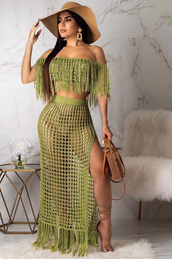 Mustard green Sexy Fashion Off The Shoulder Short Sleeves One word collar Straight Ankle-Length asymmetr