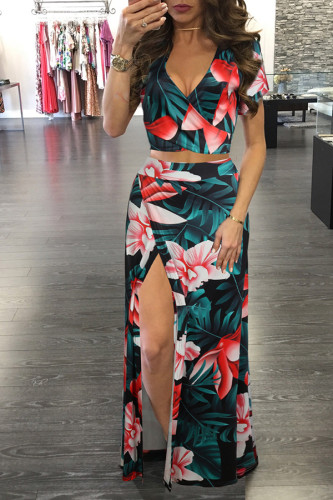 Red Fashion adult Sexy Patchwork Print Two Piece Suits Split Floral bow-knot Hip skirt Short S