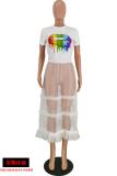 White O Neck Short Sleeve perspective Mesh Print Tees & T-shirts