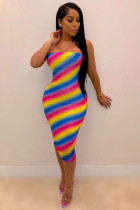Flerfärgad sexig mode vuxen off-shulder ärmlös omlindad bröstkjol Step kjol mitten av vaden Print Str