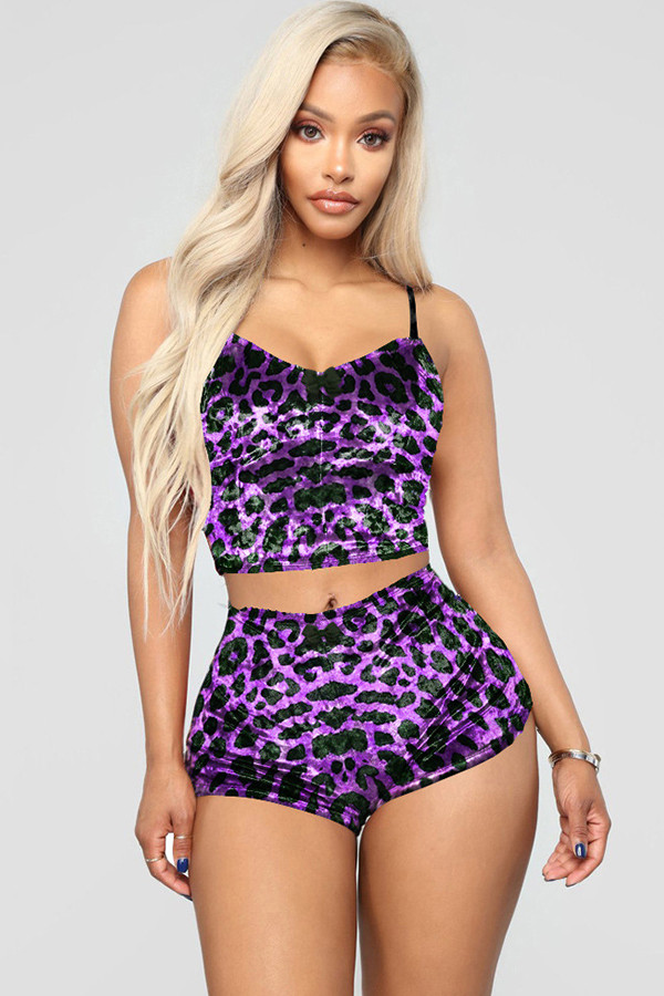purple adult Fashion Sexy backless Patchwork Two Piece Suits Print Leopard Straight Sleeveless T