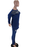 Синий спандекс повседневный однотонный костюм из двух предметов с вышивкой карандаш с длинным рукавом комплект из двух брюк