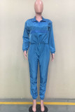 Completo casual blu a due pezzi, colore a contrasto, set di pantaloni a due pezzi a maniche lunghe dritte e tinta unita