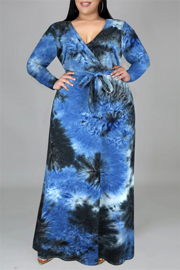 ディープブルーファッションカジュアルプリント絞り染めVネック長袖プラスサイズのドレス