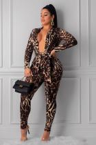 Leopard print Polyester Celebrities Fashion adult Two Piece Suits Leopard Bandage Print pencil Long Sleeve  Two-pi