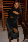 Черная сексуальная однотонная юбка с длинными рукавами и воротником-стойкой до щиколотки