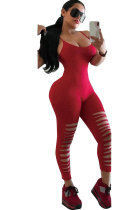 Rote sexy Mode-Loch-Patchwork-solide ärmellose Slip-Jumpsuits