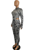 Blue Milk Silk Sexy Print Two Piece Suits pencil Long Sleeve 