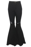 Pantalones de mezclilla con botón de mosca sin mangas alto sólido patchwork agujero corte de bota negro