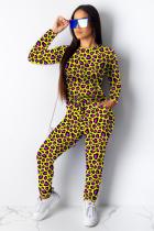 Yellow Fashion adult Casual Two Piece Suits Print contrast color Leopard Straight Long Sleeve