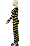 Amarelo moda rua adulto fibra de leite retalhos impressão retalhos o pescoço manga longa tornozelo comprimento ternos de uma peça vestidos