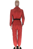 Red Casual Patchwork zipper Long Sleeve Turndown Collar Jumpsuits