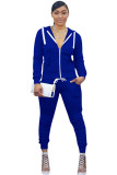 Set di pantaloni a due pezzi casual a maniche lunghe in tinta unita patchwork blu royal