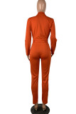 Monos moda casual vendaje botón sólido manga larga cuello en V naranja