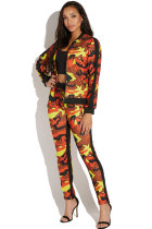 Orange Polyester Elastic Fly Long Sleeve Mid Zippered Print Patchwork Straight Pants  Two-piece suit