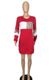 Robes mini jupe crayon à manches longues et col rond en patchwork imprimé quotidien rouge