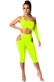 Fluorescent green Sexy Fashion Hollow Solid Patchwork Long Sleeve one shoulder collar 