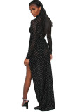 Black Sexy perspective Mesh Geometric Two Piece Suits A-line skirt Long Sleeve