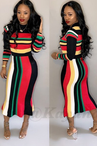 Multi-color Polyester Sexy Cap Sleeve Long Sleeves O neck Step Skirt Knee-Length Striped Print 