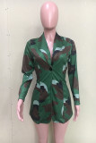 Green Notched Patchwork Camouflage Print Button Acetyl fiber Print Long Sleeve 