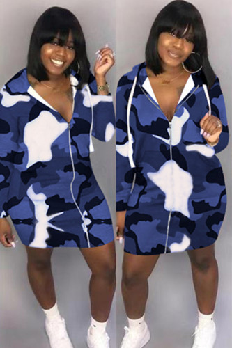 Blue Polyester Casual Fashion adult Cap Sleeve Long Sleeves O neck Straight Knee-Length Print camouflage 
