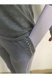 グレー カジュアル ビーズ ソリッド ツーピース スーツ パッチワーク 鉛筆 長袖 ツーピース パンツ セット