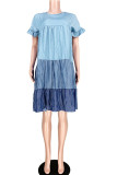Blauwe gegolfde mouw O-hals Swagger Mini-kleuring Effen uitgeholde jurken